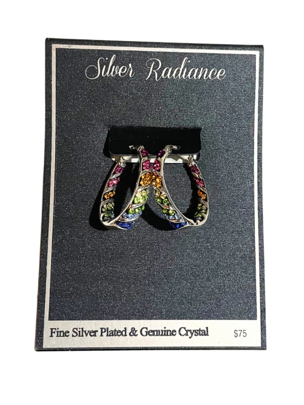 NWT Fine Silver Plated & Genuine Crystal Hoop Earrings #0072